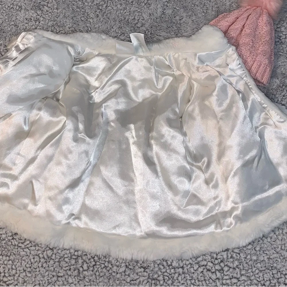 Koala Baby Boutique Vegan White Fur Coat and pink beanie hat 12 mos.